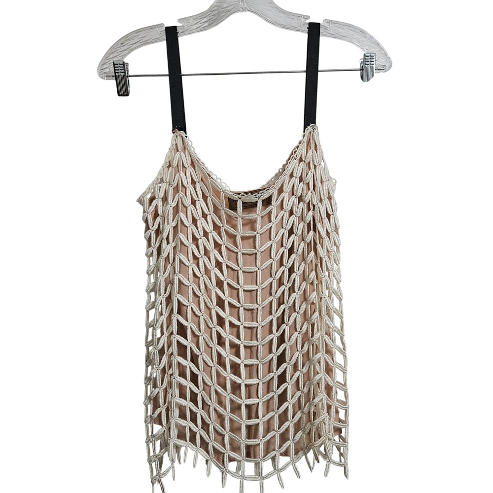 Karen Zambos Vintage Couture Crochet Net Overlay Top Cami Womens P/S Peach Cream